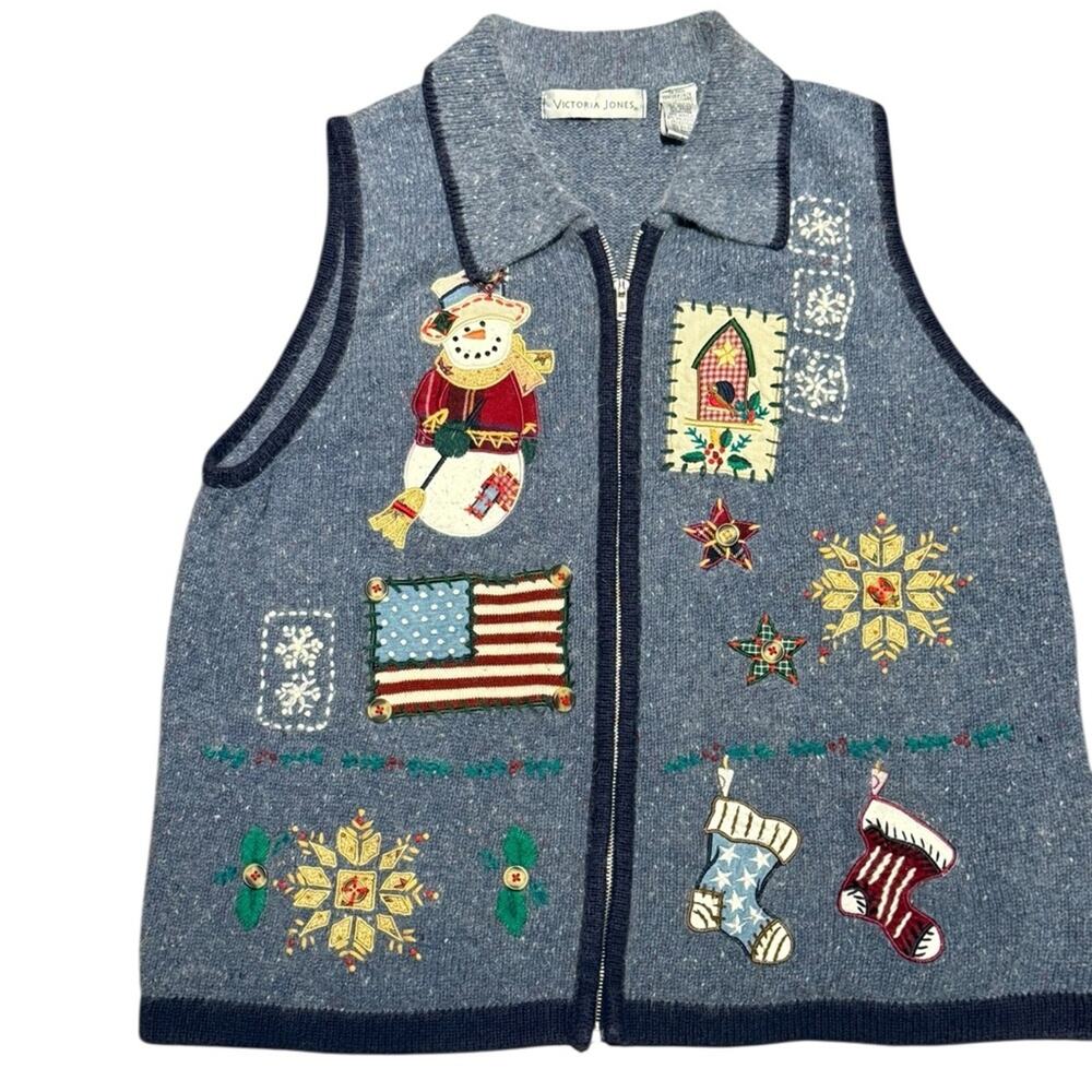 Victoria Jones Women’s Large Christmas Blue Knit Zip Vest with Holiday Motifs
